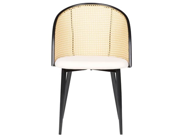 Sett med 2 spisestoler med svart metallramme og beige stoffsete med wienerflettede ryggstøtter Retro sitteplasser