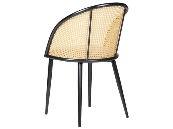 Sett med 2 spisestoler med svart metallramme og beige stoffsete med wienerflettede ryggstøtter Retro sitteplasser