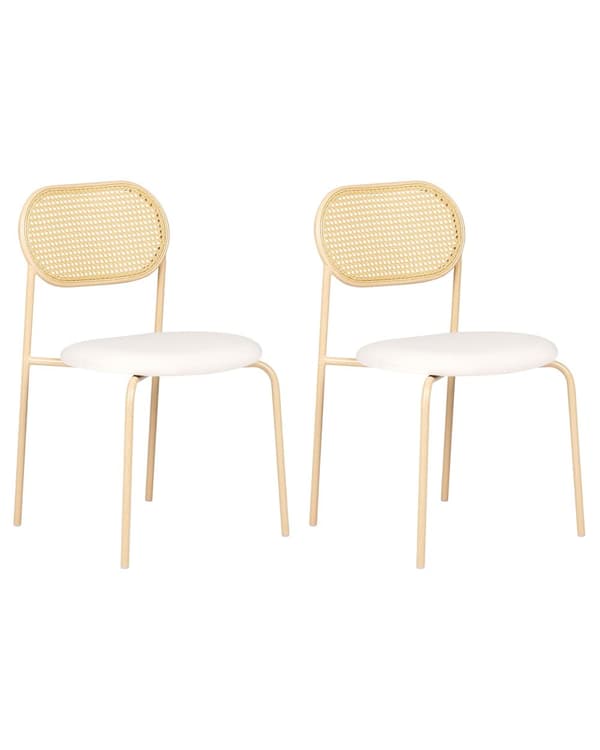 Sæt med 2 spisebordsstole lyst træ metalstel polstret sæde beige retro wiener plaid til stuen