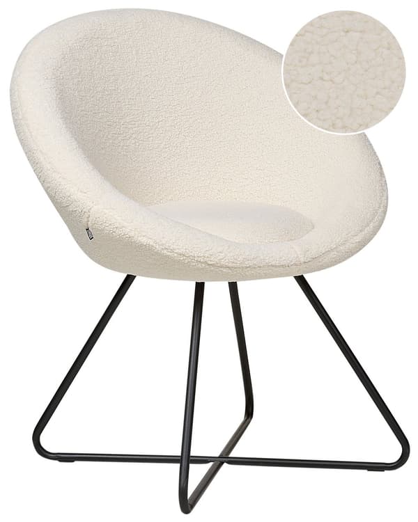 Cremefarvet boucle-stol med halvrundt sæde og metalben med knækket hvidt betræk i retro-stil