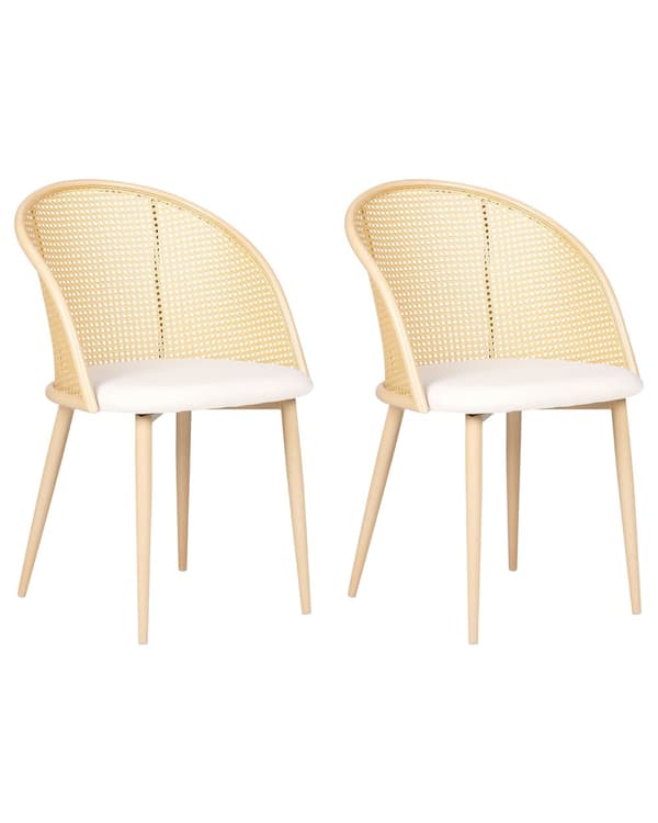 Uppsättning med 2 Matstolar Metallram Ljust Trä Beige Tygsits Ryggstöd med Flätning Retro Sittmöbler Kök Matsal