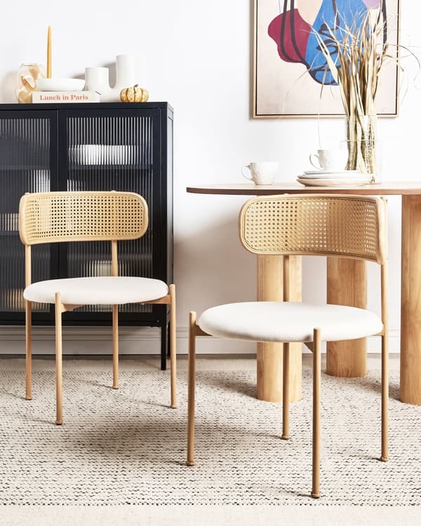Uppsättning med 2 Matstolar Metallram i Ljust Trä Beige Tygsits Ryggstöd med Flätning Retro Sittmöbler Kök Matsal