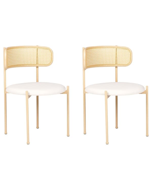 Uppsättning med 2 Matstolar Metallram i Ljust Trä Beige Tygsits Ryggstöd med Flätning Retro Sittmöbler Kök Matsal