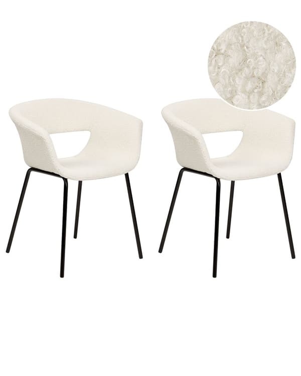 Set om 2 Matstolar Off-White Bouclé-klädsel Utan Armstöd Metallben för Matsal Kök