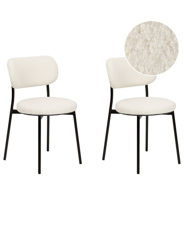 Set om 2 Matstolar Off-White Bouclé Utan Armstöd Metallben Retro-design Matsal Kök