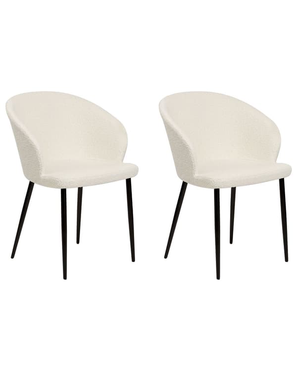 Set om 2 Matstolar Off-White Bouclé Klädd Svarta Ben Retrostil Möbler för Matsal Kök