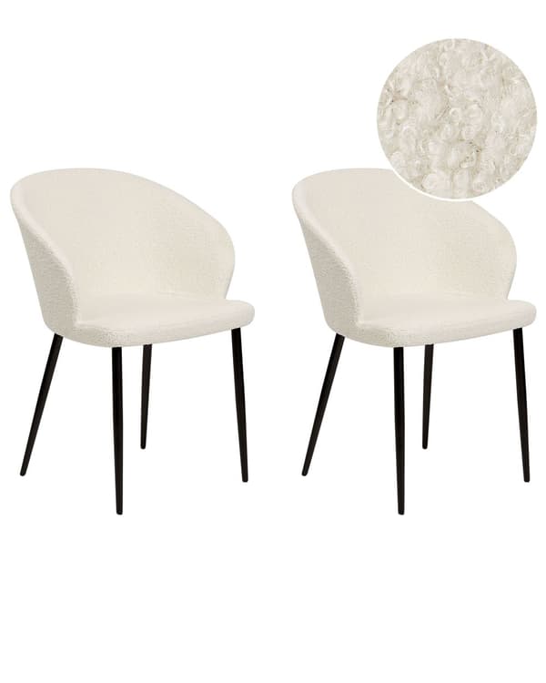 Set om 2 Matstolar Off-White Bouclé Klädd Svarta Ben Retrostil Möbler för Matsal Kök