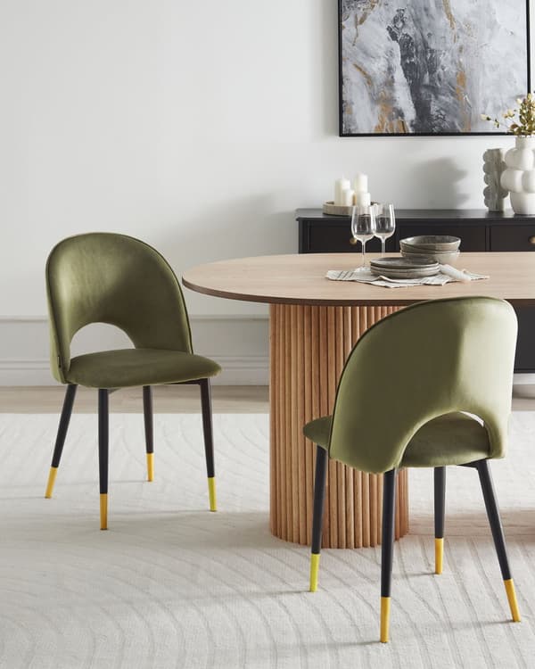 Matstolar set om 2 Olivgrön Beige Sammet Klädsel Svarta Ben Retro Glamour Matsal Kök