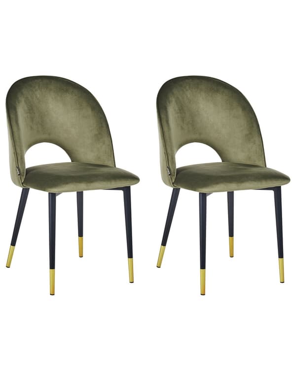 Matstolar set om 2 Olivgrön Beige Sammet Klädsel Svarta Ben Retro Glamour Matsal Kök