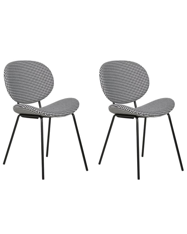 Matstol set om 2 Svartvitt Tyg Hundtandsmönster Benskydd Svarta Järnben Modern Retrodesign Matsal Kök