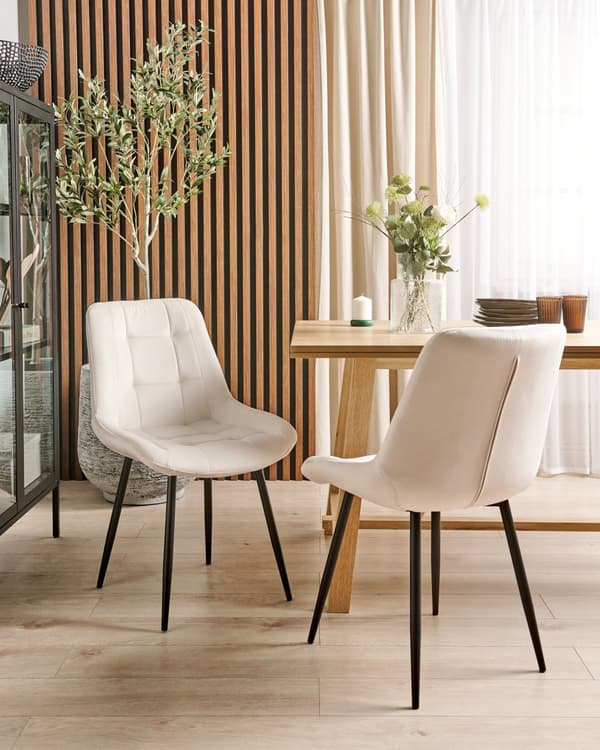 Sett med 2 spisestoler Off-white Fløyel Svarte stålben Moderne design Spisestue Kjøkken