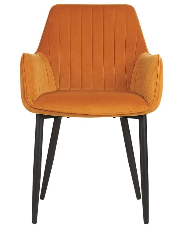 Sett med 2 spisestoler Oransje Fløyel Svarte metallben Armlener Retro Glam Spisestue Kjøkken