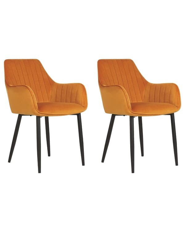 Sett med 2 spisestoler Oransje Fløyel Svarte metallben Armlener Retro Glam Spisestue Kjøkken