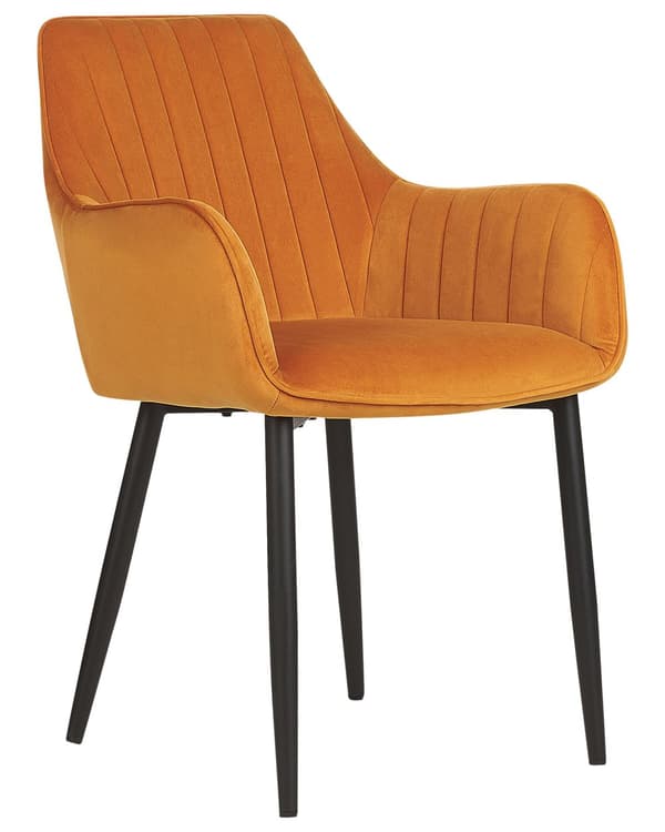 Spisebordsstol med Armlæn Orange Velour Sæt af 2 Polstrede Spisestuestole til Spisestue Køkken Stofstole Indretning Skandinavisk Spisestole