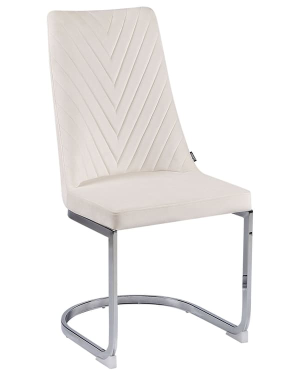 Et sæt med 2 Spisestuestole i Råhvid Velour med Kromben til en Moderne Spisestue i Glamourøs Stil