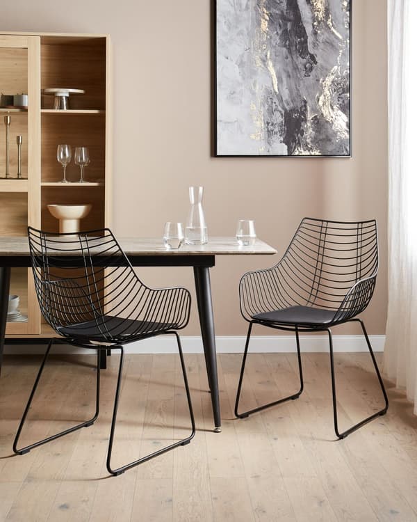 Sæt med 2 spisebordsstole Sort metal Ståltråd Design Kunstlæder Sort sædehynde Glam Industrial Modern stil