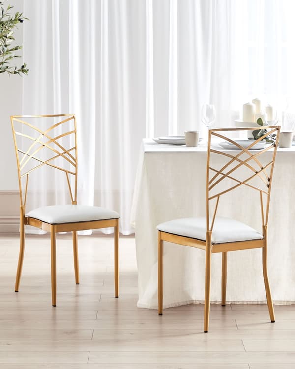 Sett med 2 Spisestoler Gull Metall Kunstskinn Hvit Setepute Aksent Industriell Glam Stil