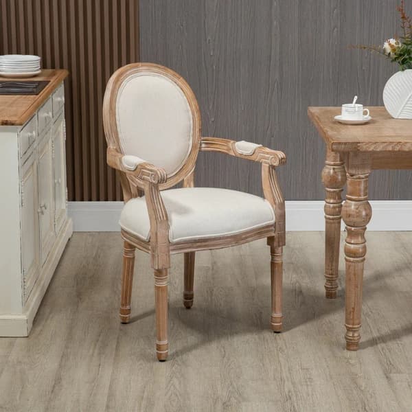 Rootz køkkenstol i antikt design - åndbart betræk - linnedlook - stel af massivt træ - imiteret linned - cremehvid - 56 x 54 x 96 cm