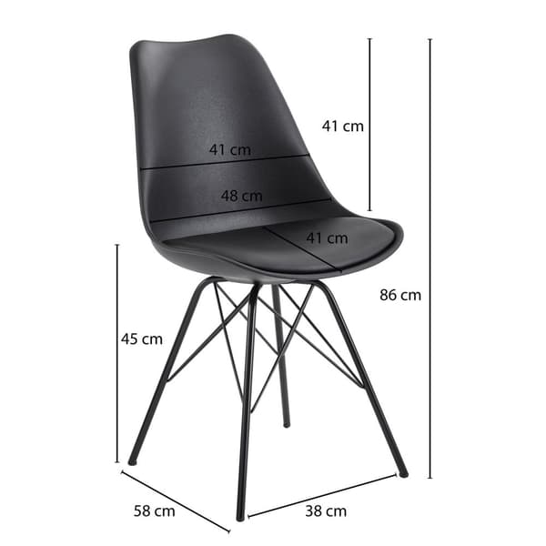 Rootz Sæt med 2 moderne spisestuestole - Skandinavisk Design - Køkkenstole - Plastsædeskal - Sædebetræk i imiteret læder - Lakerede jernben - 48cm x 8