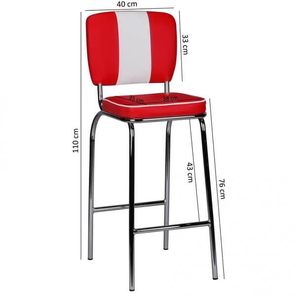 Rootz Retro Vintage American Diner Barstol - Læderlook - Krombund - Farvekontrasterende sømme - Frodig polstring - Rød/Hvid - Maksimal belastning 110