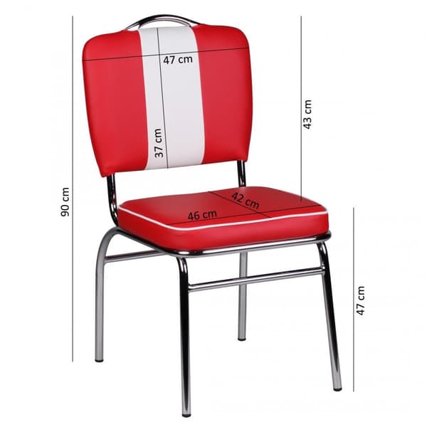 Rootz Retro Vintage American Diner -tuoli - Kontrastiset saumat - Mukava pehmuste - Tyylikkäät kaarevat jalat - 90 cm x 47 cm x 45 cm - Punainen/Valko