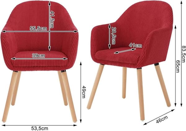 Rootz polstrede spisestuestole Sæt med 2 - Lænestole med armlæn - Komfortable, robuste, alsidige - Fløjlstræk og massivt træ - Rød - 55,5 cm x 83,5 cm