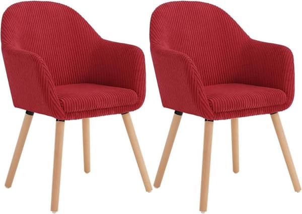 Rootz polstrede spisestuestole Sæt med 2 - Lænestole med armlæn - Komfortable, robuste, alsidige - Fløjlstræk og massivt træ - Rød - 55,5 cm x 83,5 cm