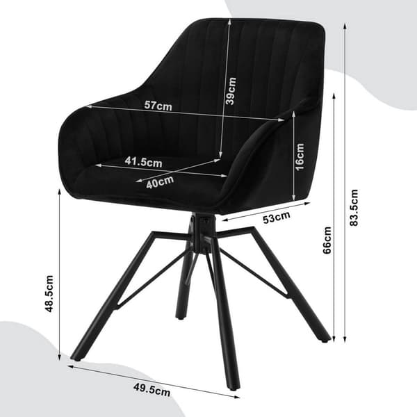Rootz Roterende spisestuestole Sæt med 6 - Fløjlslænestole - Drejestole - 360 graders rotation, Komfortable og holdbare - Sorte metalben - 58 cm x 83,