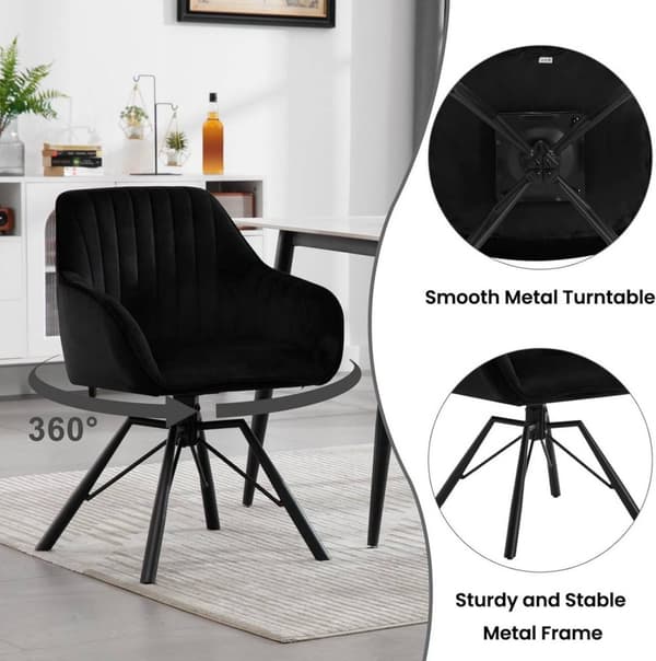 Rootz Roterende spisestuestole Sæt med 6 - Fløjlslænestole - Drejestole - 360 graders rotation, Komfortable og holdbare - Sorte metalben - 58 cm x 83,