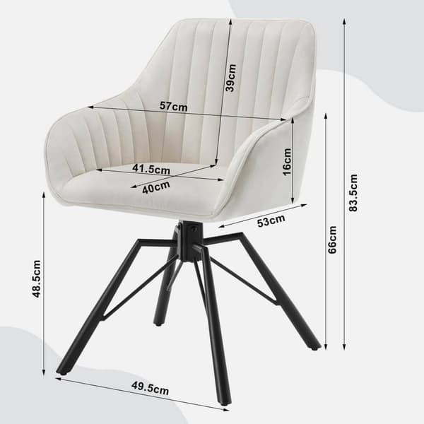 Rootz roterende spisestuestole Sæt med 6 - Fløjlslænestole - Drejestole - 360 graders rotation, Komfortable og robuste - Creme, metalben - 58 cm x 83,