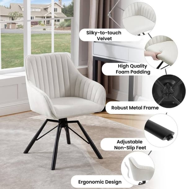 Rootz roterende spisestuestole Sæt med 6 - Fløjlslænestole - Drejestole - 360 graders rotation, Komfortable og robuste - Creme, metalben - 58 cm x 83,