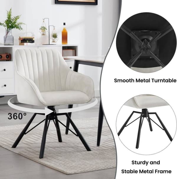 Rootz roterende spisestuestole Sæt med 6 - Fløjlslænestole - Drejestole - 360 graders rotation, Komfortable og robuste - Creme, metalben - 58 cm x 83,