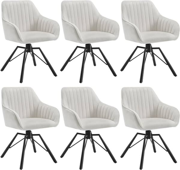 Rootz roterende spisestuestole Sæt med 6 - Fløjlslænestole - Drejestole - 360 graders rotation, Komfortable og robuste - Creme, metalben - 58 cm x 83,