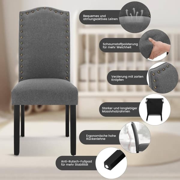 Rootz 4 ruokapöydän tuolin setti - Korkeaselkänojat - Keittiötuolit - Ergonominen muotoilu - Kestävä massiivipuu - Lattian suojaus - Pellava Tummanhar