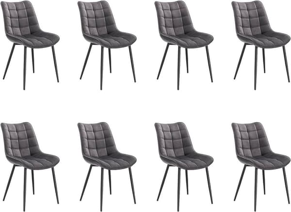 Rootz 8 ruokapöydän tuolin setti - samettiverhoiltu - Ergonominen istuin - Mukava, kestävä, lattialle turvallinen - Tummanharmaat metalliset jalat - 8