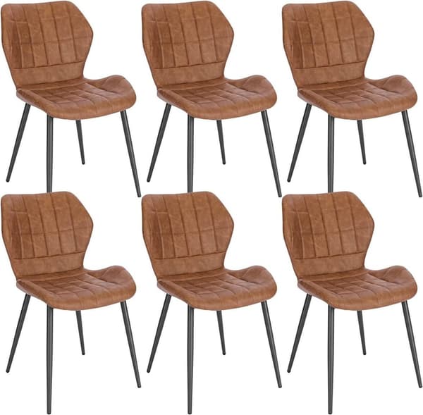 Rootz spisestuestole Sæt med 6 - Polstrede stole - Sæder i imiteret læder - Komfortabelt, holdbart, ergonomisk design - 47 cm x 79,5 cm x 54 cm - Brun