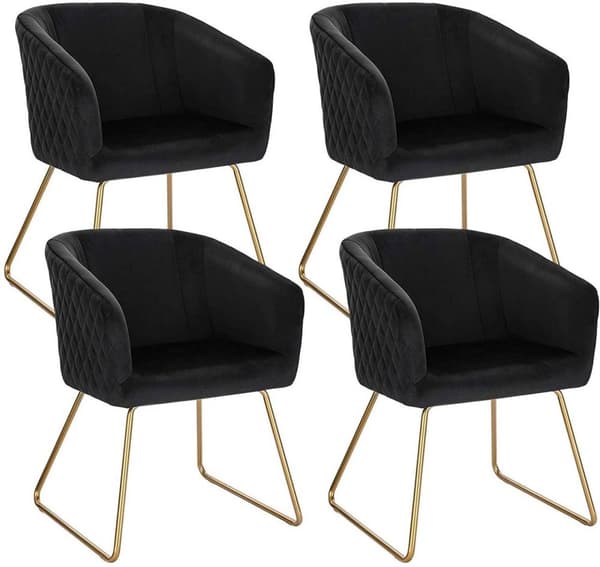 Rootz sæt med 4 velvet køkkenstole - Spisestuestole - Polstrede stole - Ergonomisk design - Robust og langtidsholdbar - Støjreducerende - Sort med gul