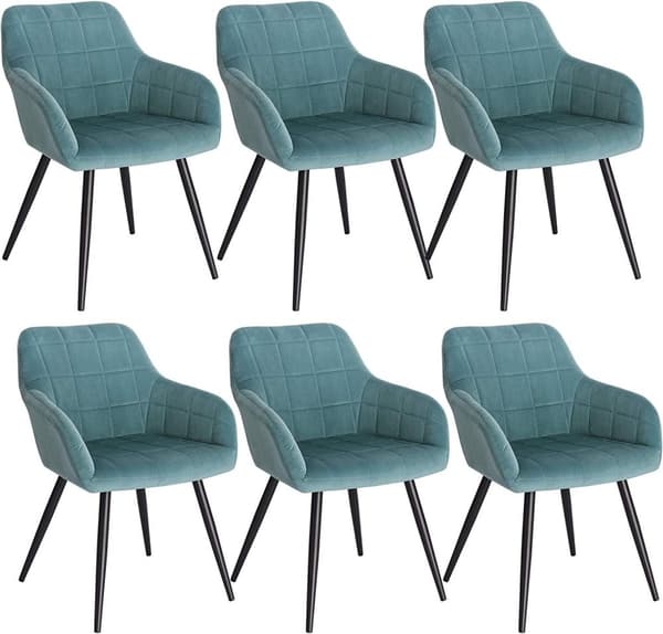 Rootz sæt med 6 spisestuestole - Fløjlslænestole - Turkis metalben - Komfortable, Ergonomiske, Stabile - 49cm x 43cm x 81cm