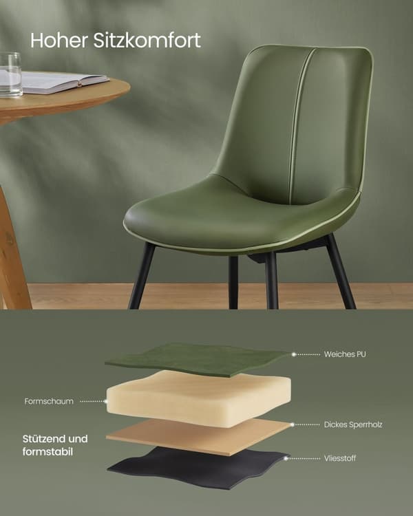 Rootz Forest Green ruokapöydän tuolit - Keittiötuolit - Pehmustetut tuolit - Vaneri- ja teräsrakenne - Mukava vaahtomuovipehmuste - 56 cm x 50 cm x 81