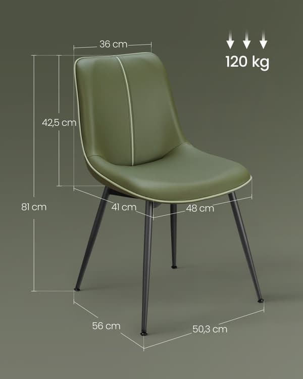 Rootz Forest Green ruokapöydän tuolit - Keittiötuolit - Pehmustetut tuolit - Vaneri- ja teräsrakenne - Mukava vaahtomuovipehmuste - 56 cm x 50 cm x 81