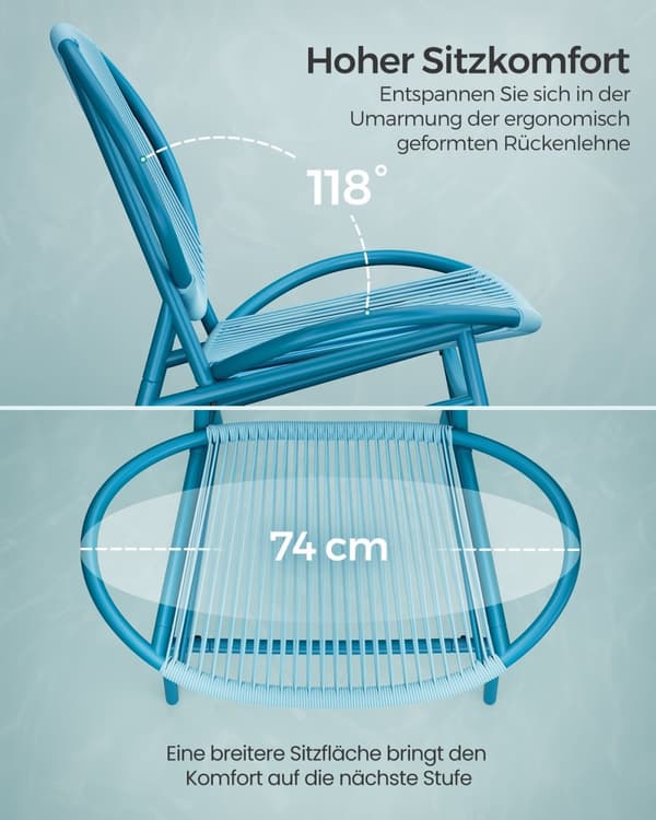 Rootz 3-delt sæt udendørsmøbler - Terrassesæt - Havestole - PE materiale - Pulverlakeret stål - Havblå - Stort bord - Letvægts - Nem montering - 50cm