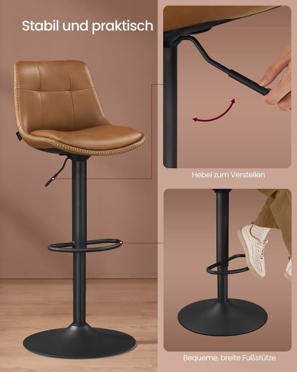 Rootz 2-delt sæt barstole - Køkkenskamler - Stole i modhøjde - PU-materiale - Forkromet stål - Skumpolstring - 44 cm x 48 cm x (90-112) cm - Karamelbr