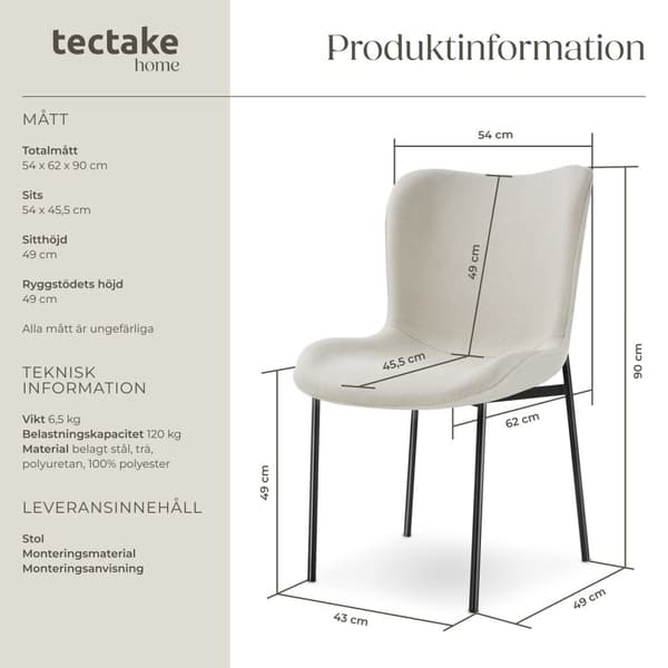 Stoppad stol Tessa - Vävt tyg benvitt/svart, per styck