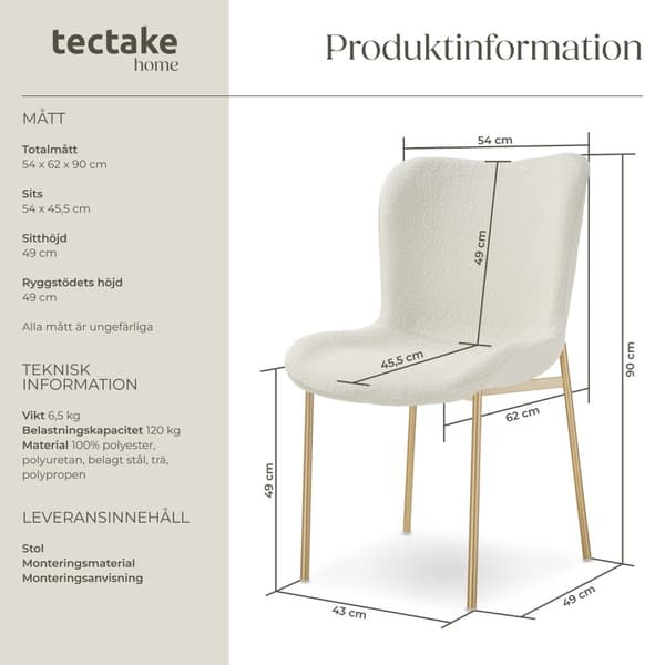Stoppad stol Tessa - Bouclé vit/guld, per styck