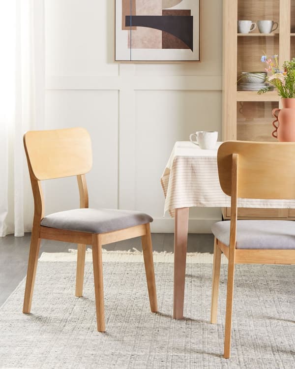 Sett med 2 spisestoler Lyst tre Lysegrå Gummitre Polyester Polstret sete Uten armlener Klassisk og moderne design Kjøkken Spisestue