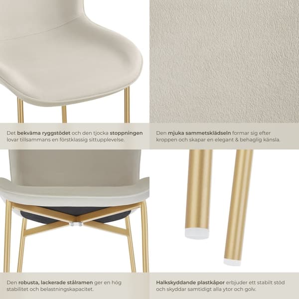 Stoppad stol Tessa - Sammet beige/guld, Uppsättning om 4