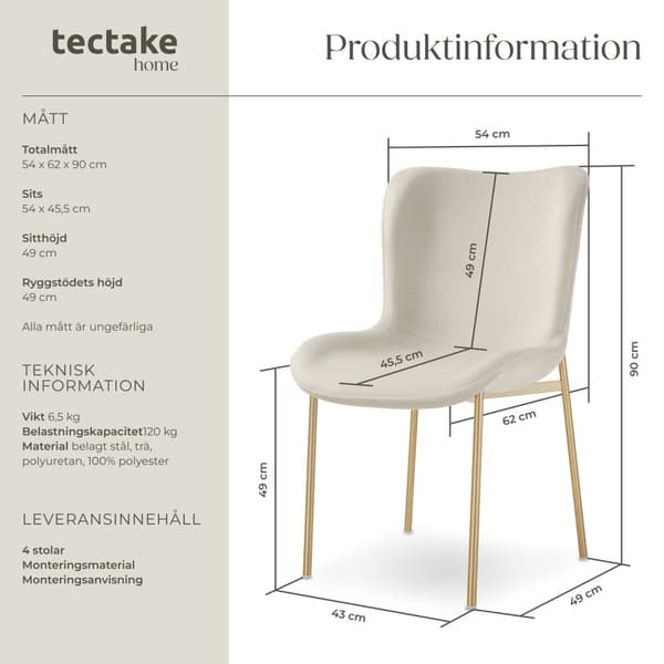 Stoppad stol Tessa - Sammet beige/guld, Uppsättning om 4