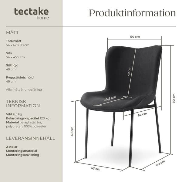 Stoppad stol Tessa - Vävt tyg svart/svart, Uppsättning av 2