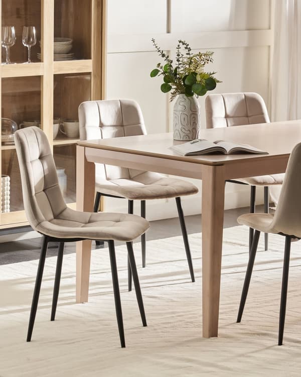Spisebordsstol Beige Velour Sæt af 2 Polstrede Spisestuestole Komfortable til Spisestue Køkken Stofstole Indretning Skandinavisk