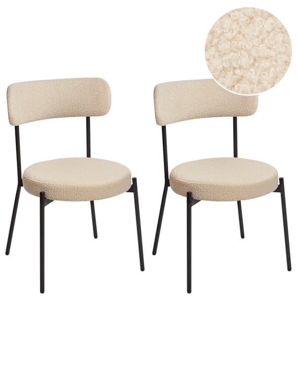 Ruokatuoli vaalea beige buklee kangas verhoilu käsinojaton pyöreä 2 kpl moderni tyyli